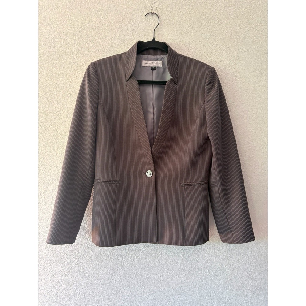 Tahari Blazer Womens 8P Dark Gray Pinstripe Suit Coat Jacket Single Button